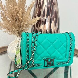 Badgley Mischka Turquoise Crossbody Bag with Quilted Design and Chain Strap